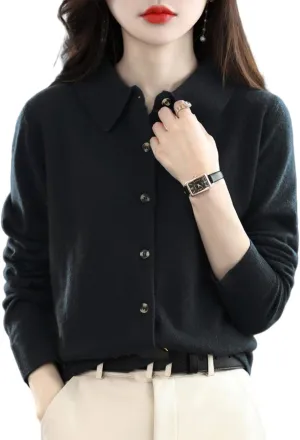 100% Merino Wool Sweaters Women's Fall Winter Warm Soft Knitted Shirt Lapel Polo Collar Cardigan Long Sleeves