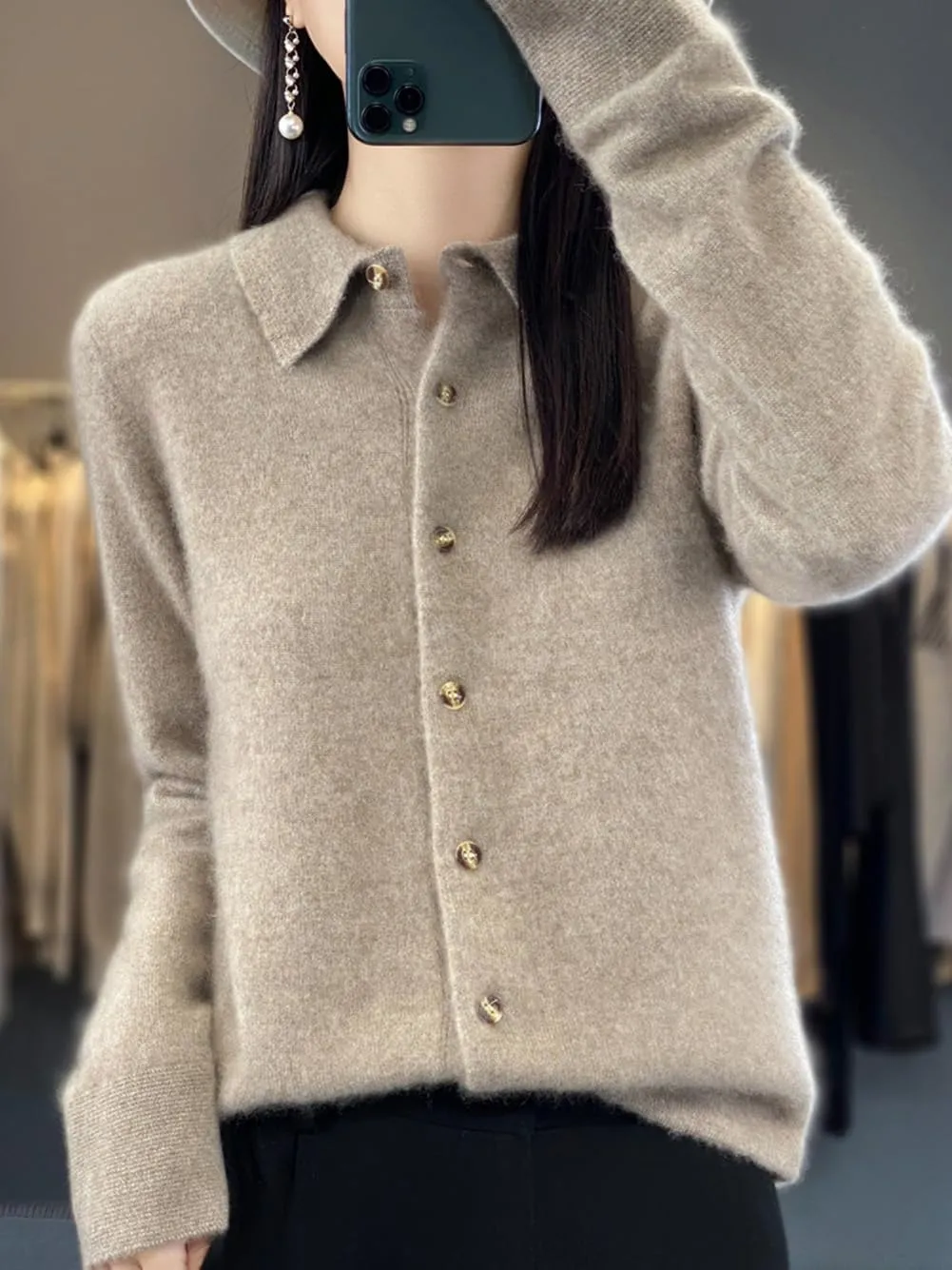 100% Merino Wool Sweaters Women's Fall Winter Warm Soft Knitted Shirt Lapel Polo Collar Cardigan Long Sleeves