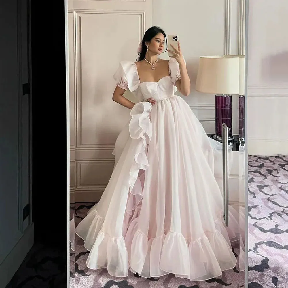 Aiertu Princess Prom Dresses Cap Sleeves Organza Long Prom Gowns Cap Sleeves Ruched Special Occasion Dress A-Line Party Dress