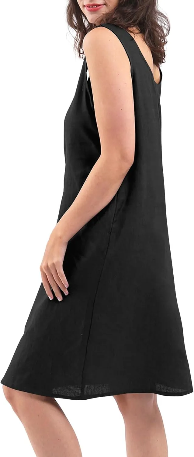 Amazhiyu Womens 100% Linen Summer Sleeveless Midi Tank Dresses with Pockets