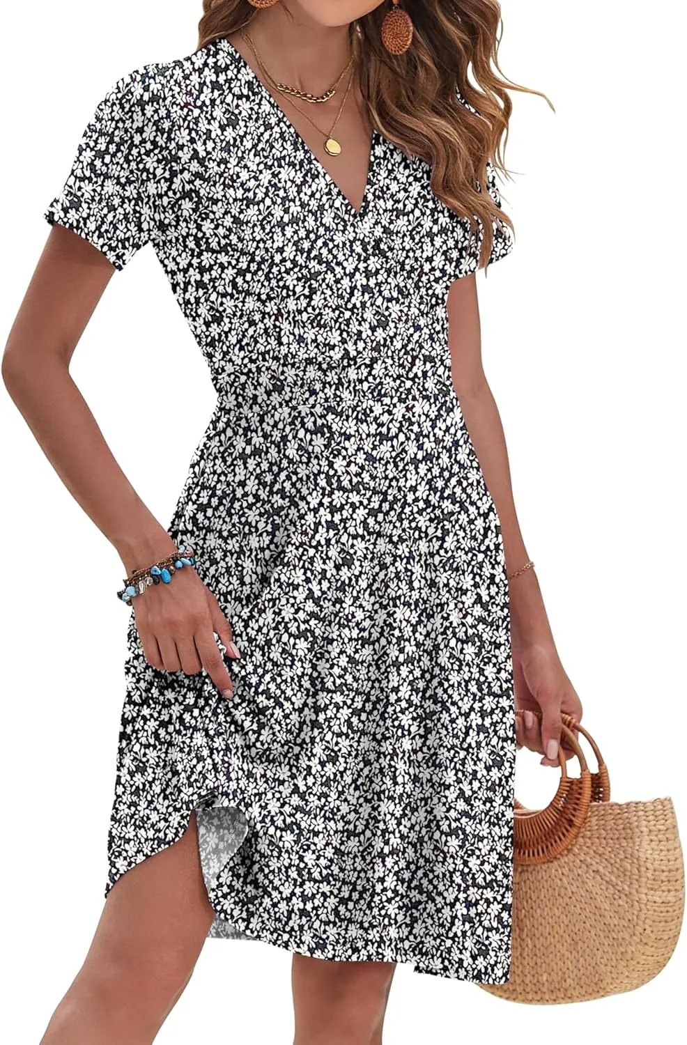 AUSELILY Womens Summer Dresses 2025 Short Sleeve V Neck Floral Sundress with Pockets