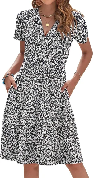 AUSELILY Womens Summer Dresses 2025 Short Sleeve V Neck Floral Sundress with Pockets
