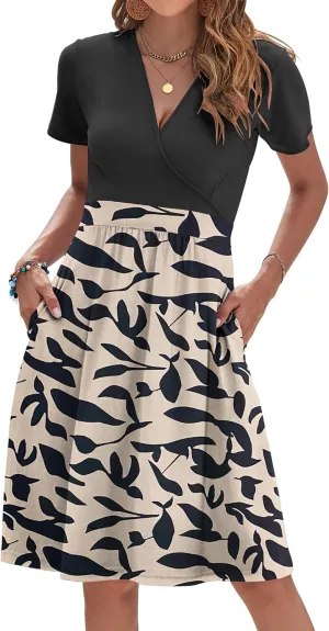 AUSELILY Womens Summer Dresses 2025 Short Sleeve V Neck Floral Sundress with Pockets
