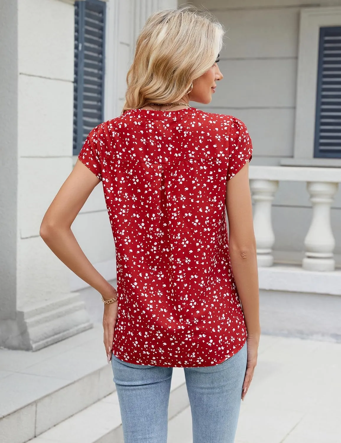 Blooming Jelly Womens Blouses Dressy Causal V Neck Pintuck Short Petal Sleeve Business Tops Ladies Summer Trendy Work Shirt