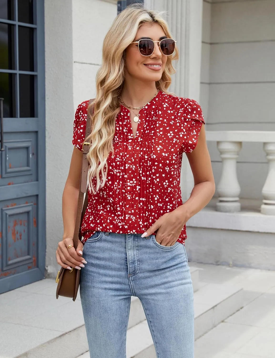 Blooming Jelly Womens Blouses Dressy Causal V Neck Pintuck Short Petal Sleeve Business Tops Ladies Summer Trendy Work Shirt
