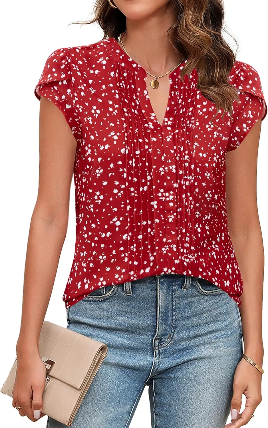 Blooming Jelly Womens Blouses Dressy Causal V Neck Pintuck Short Petal Sleeve Business Tops Ladies Summer Trendy Work Shirt