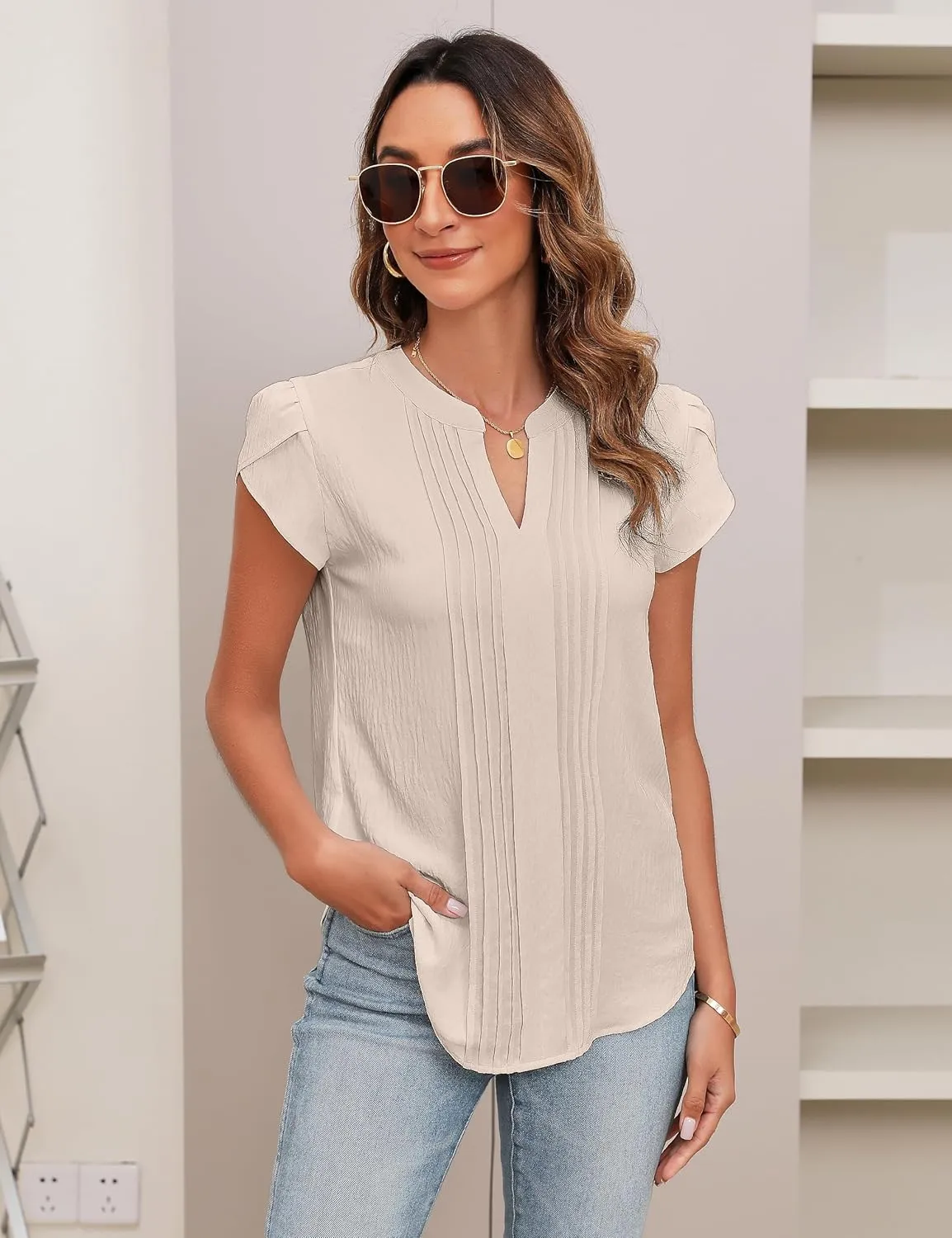 Blooming Jelly Womens Blouses Dressy Causal V Neck Pintuck Short Petal Sleeve Business Tops Ladies Summer Trendy Work Shirt