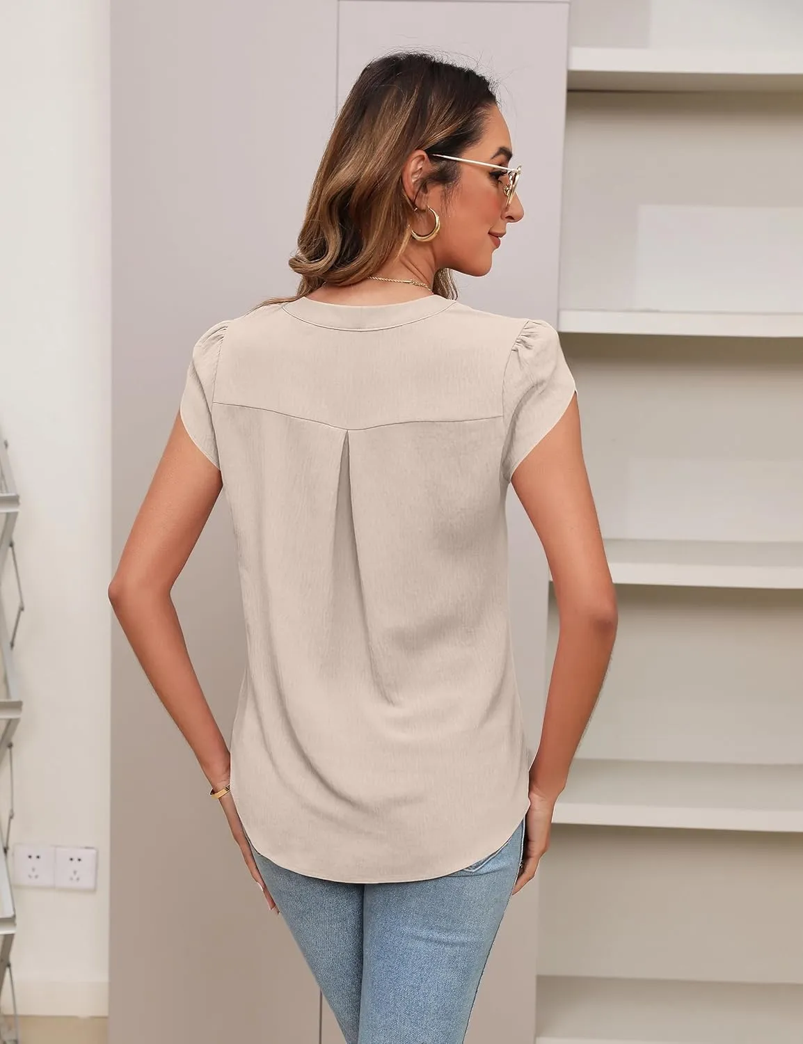 Blooming Jelly Womens Blouses Dressy Causal V Neck Pintuck Short Petal Sleeve Business Tops Ladies Summer Trendy Work Shirt