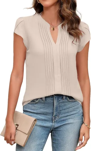Blooming Jelly Womens Blouses Dressy Causal V Neck Pintuck Short Petal Sleeve Business Tops Ladies Summer Trendy Work Shirt