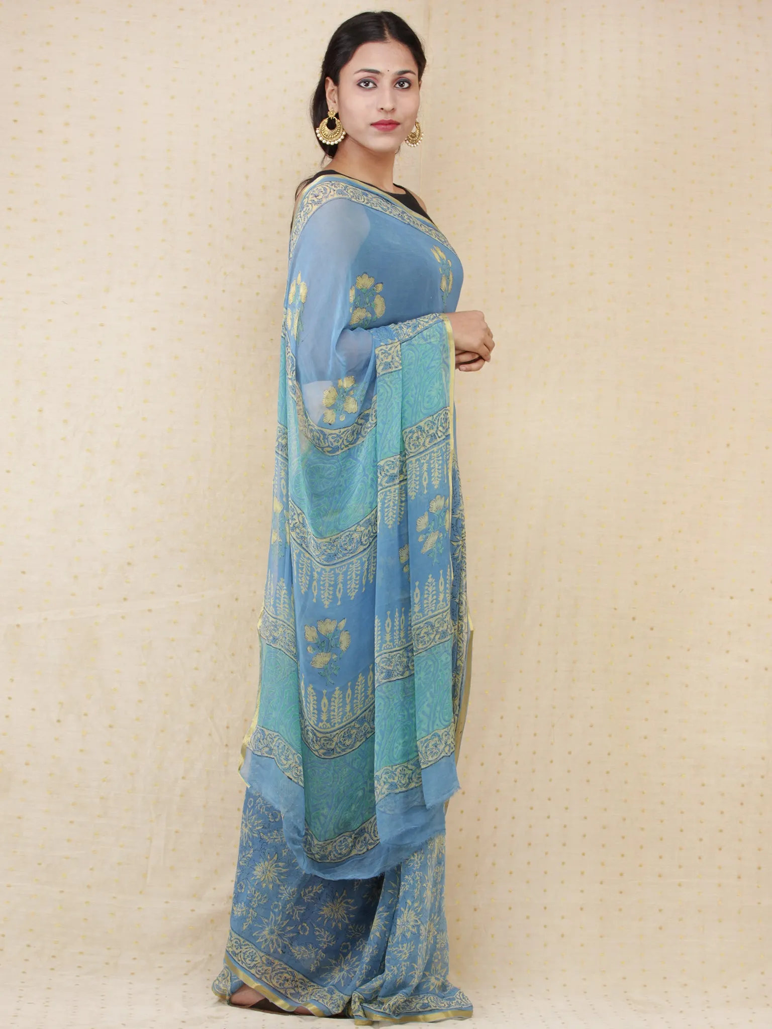 Blue Yellow Hand Block Printed Chiffon Saree with Zari Border - s031704159