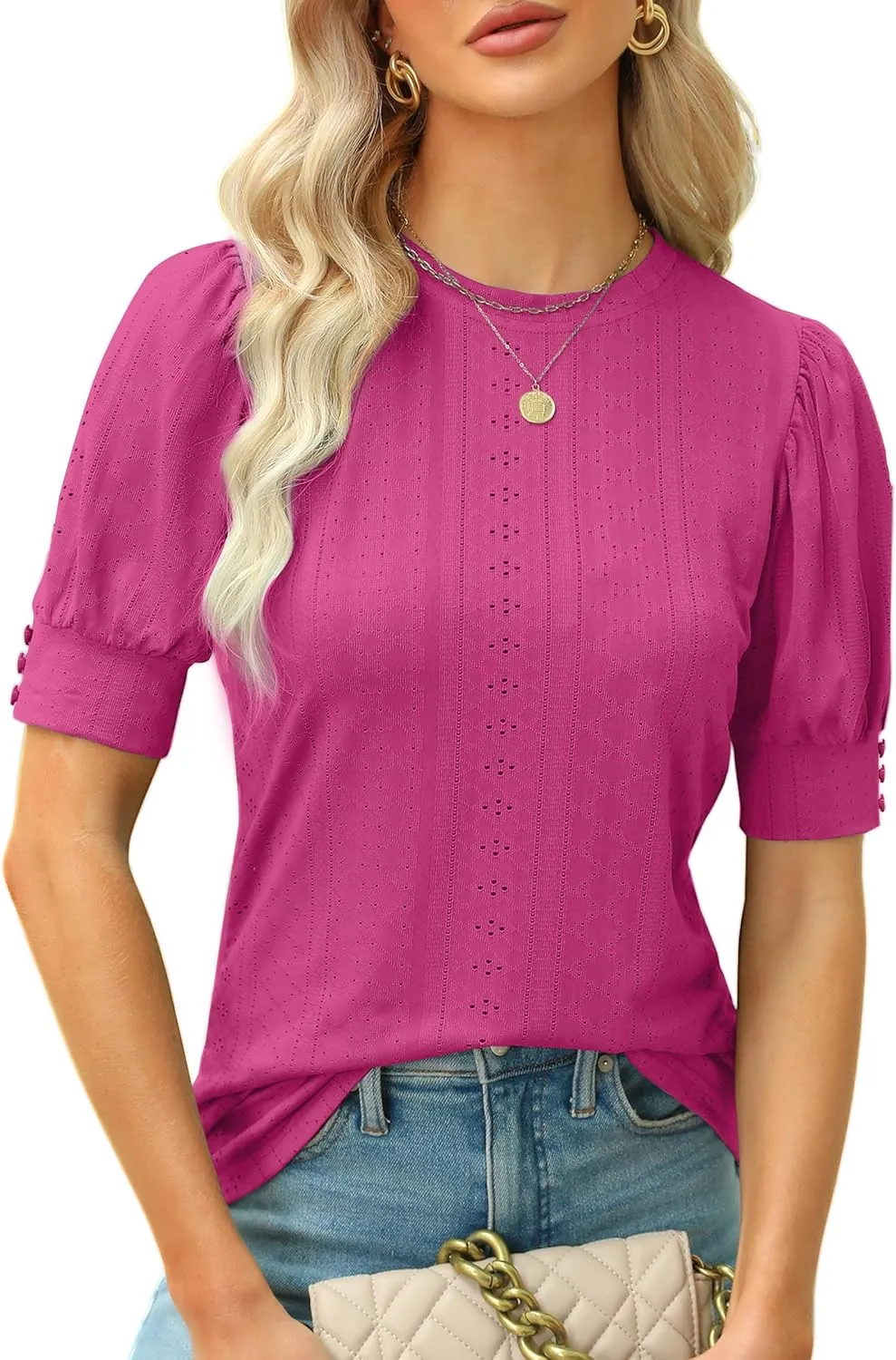 BMJL Womens Dressy Casual Blouses Business Tops Short Sleeve Shirts Work Tops Cute Puff Sleeve Blouses