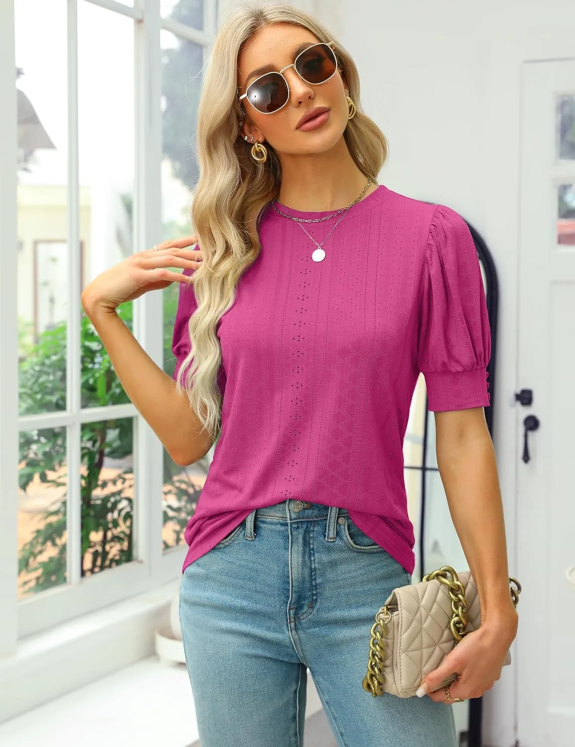 BMJL Womens Dressy Casual Blouses Business Tops Short Sleeve Shirts Work Tops Cute Puff Sleeve Blouses