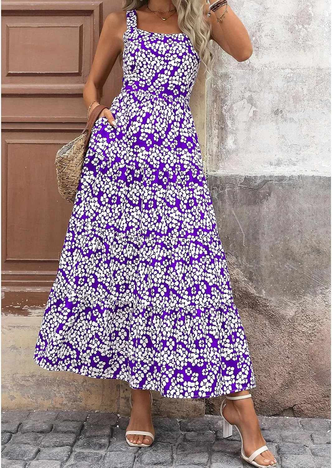 Boho Dresses for Women 2025 Summer Sleeveless Square Neck Midi Floral Long Dress Elegant Beach Vacation Dresses