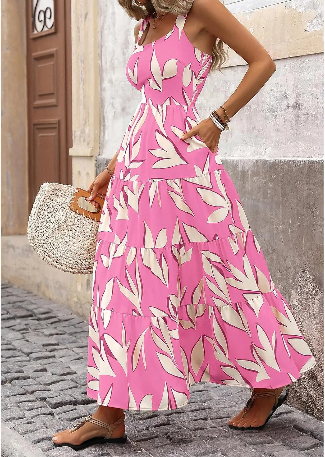 Boho Dresses for Women 2025 Summer Sleeveless Square Neck Midi Floral Long Dress Elegant Beach Vacation Dresses