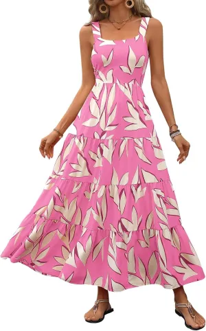 Boho Dresses for Women 2025 Summer Sleeveless Square Neck Midi Floral Long Dress Elegant Beach Vacation Dresses