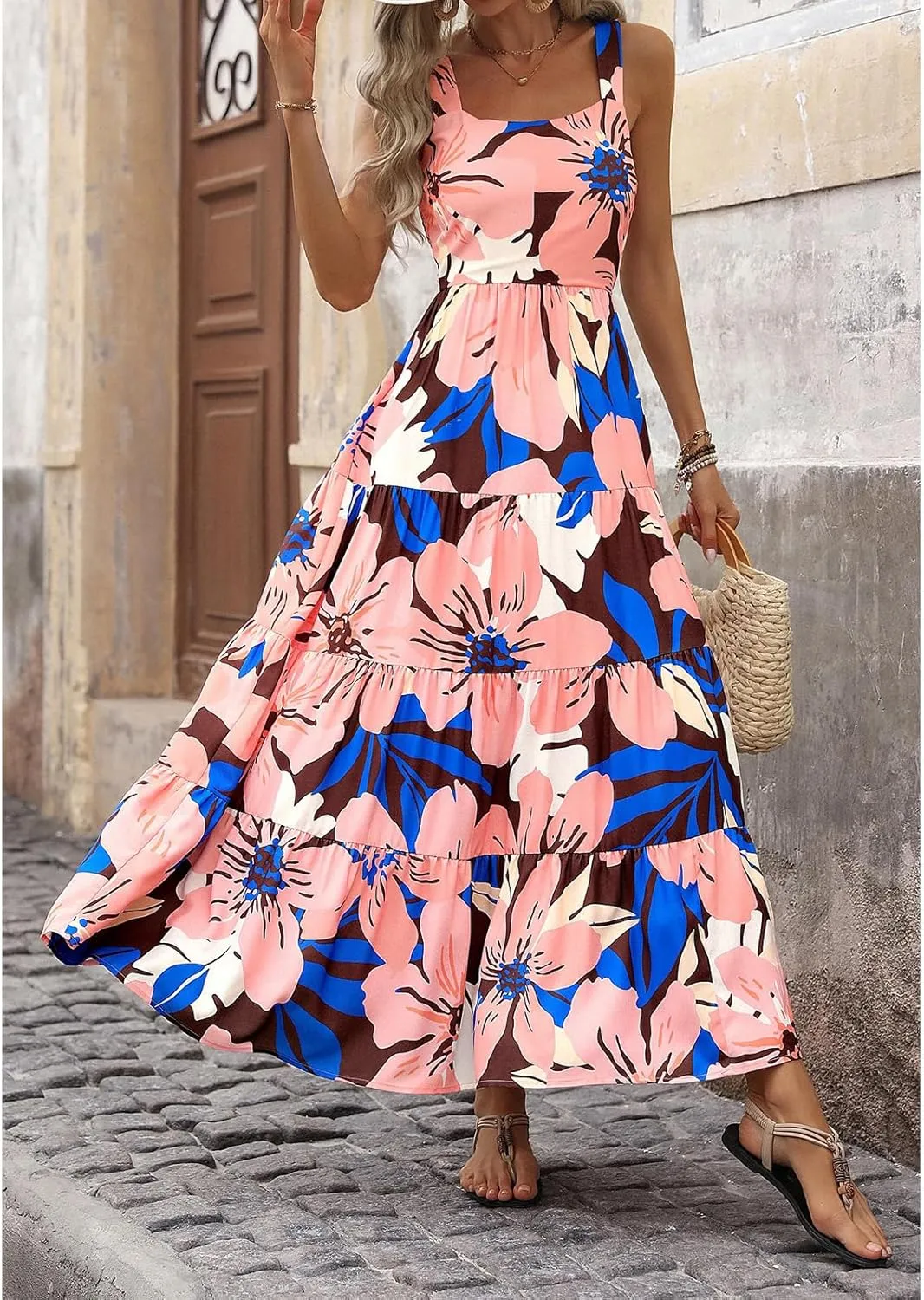Boho Dresses for Women 2025 Summer Sleeveless Square Neck Midi Floral Long Dress Elegant Beach Vacation Dresses
