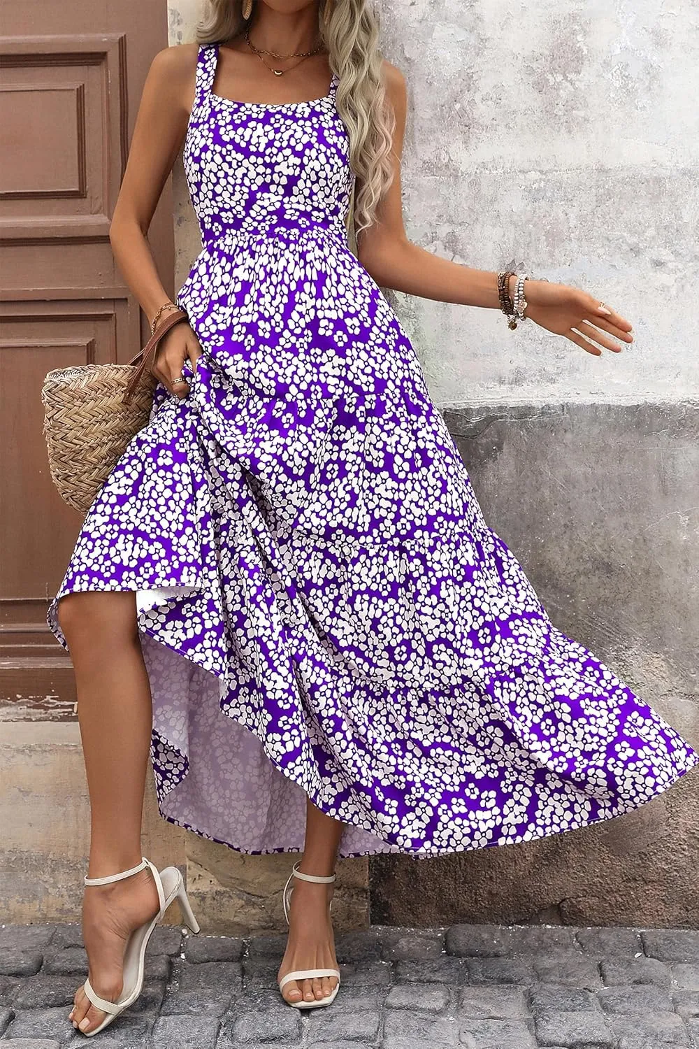 Boho Dresses for Women 2025 Summer Sleeveless Square Neck Midi Floral Long Dress Elegant Beach Vacation Dresses