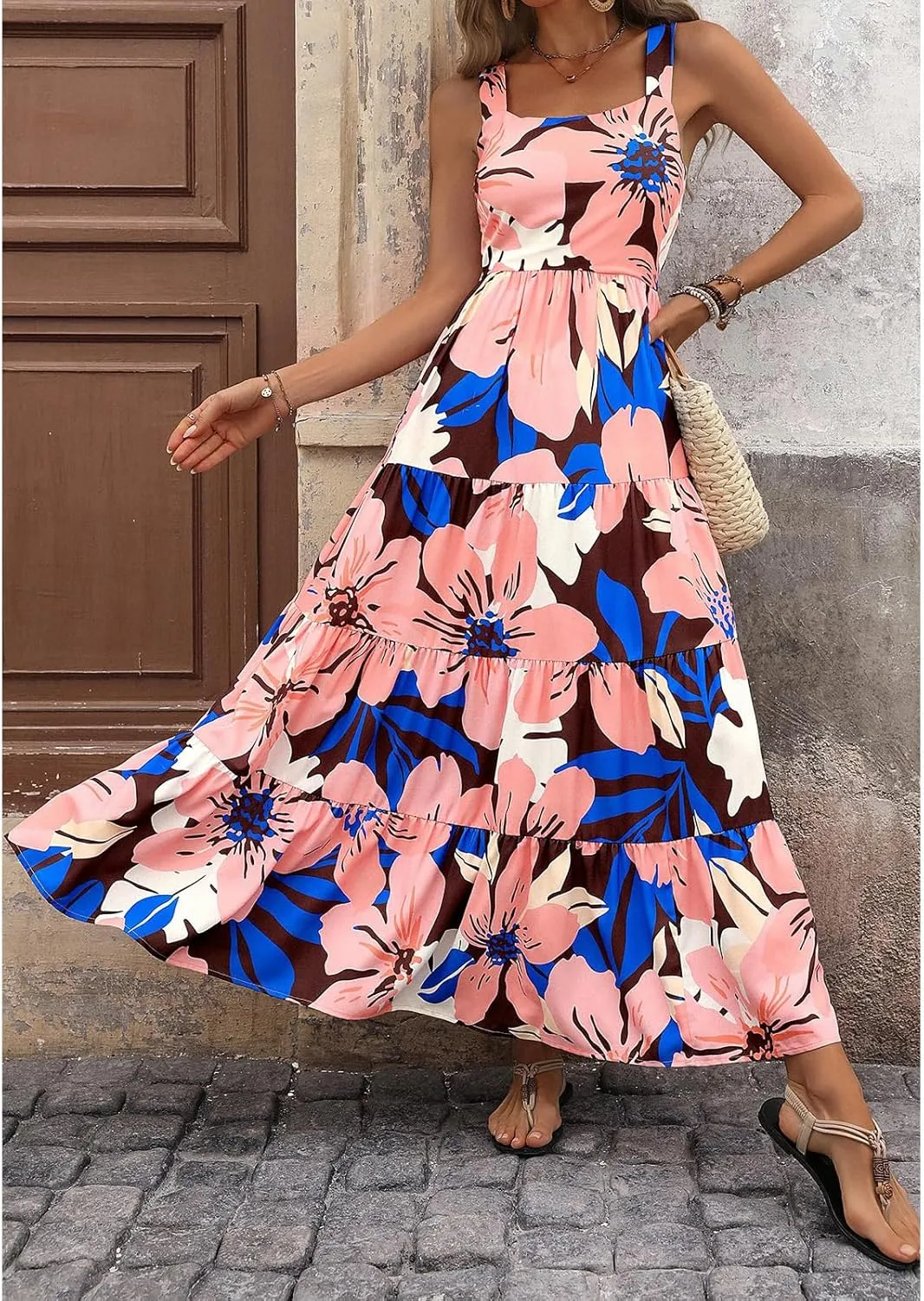 Boho Dresses for Women 2025 Summer Sleeveless Square Neck Midi Floral Long Dress Elegant Beach Vacation Dresses