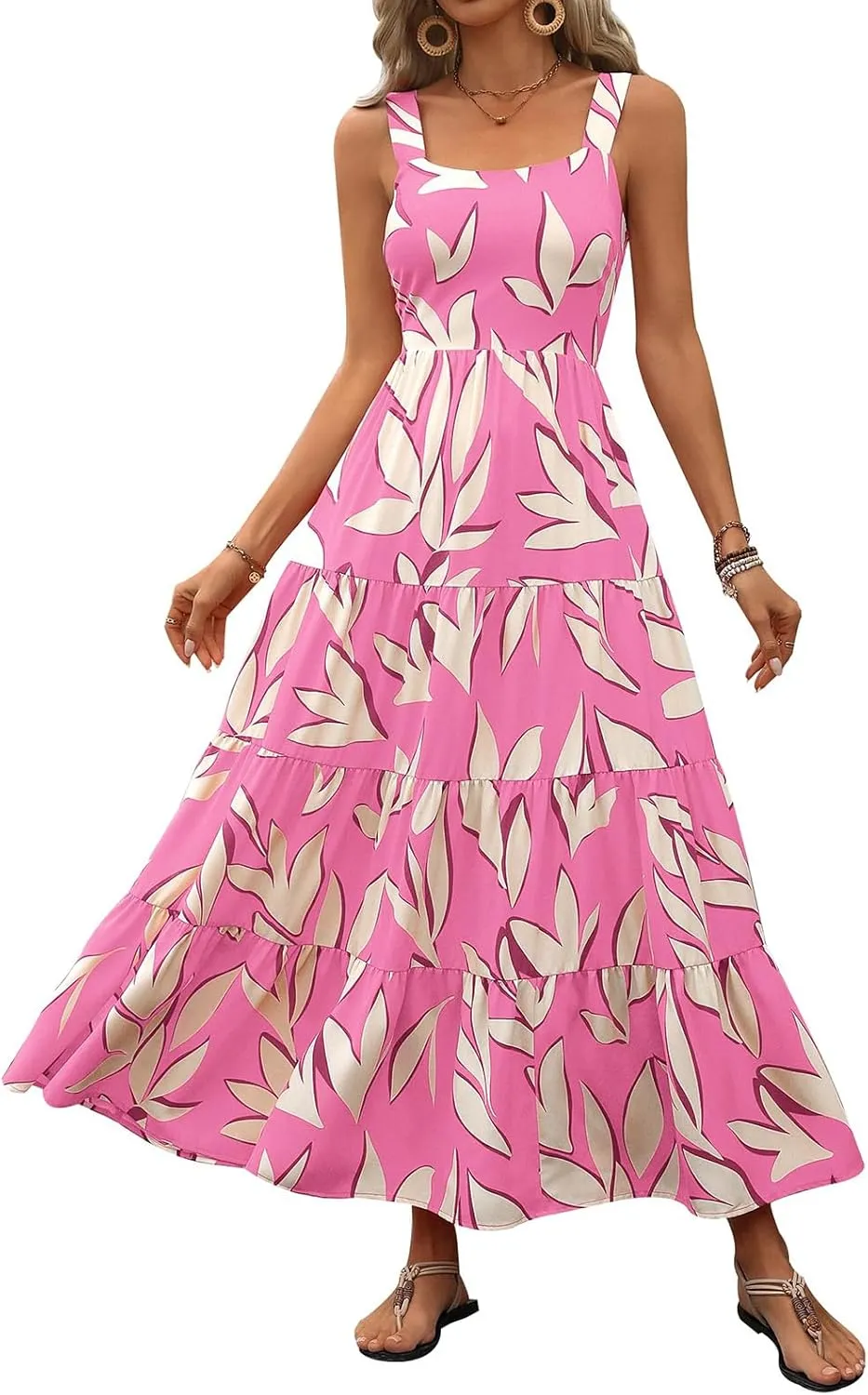 Boho Dresses for Women 2025 Summer Sleeveless Square Neck Midi Floral Long Dress Elegant Beach Vacation Dresses