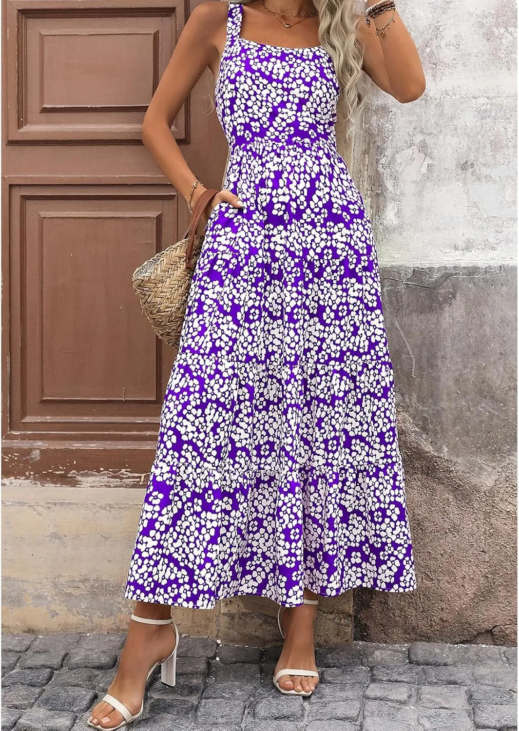 Boho Dresses for Women 2025 Summer Sleeveless Square Neck Midi Floral Long Dress Elegant Beach Vacation Dresses
