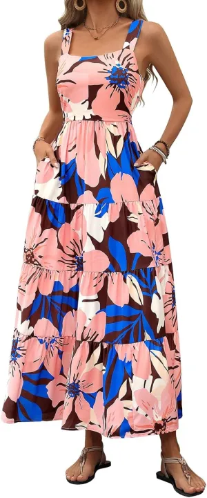 Boho Dresses for Women 2025 Summer Sleeveless Square Neck Midi Floral Long Dress Elegant Beach Vacation Dresses