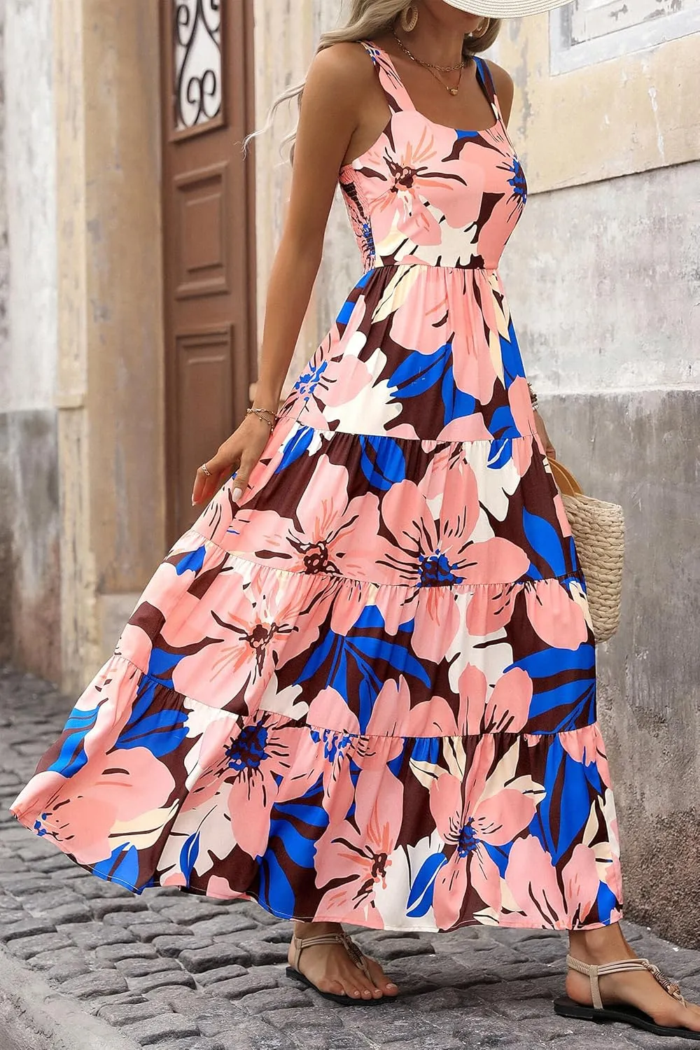 Boho Dresses for Women 2025 Summer Sleeveless Square Neck Midi Floral Long Dress Elegant Beach Vacation Dresses