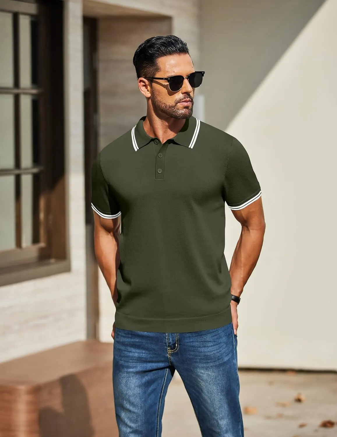 COOFANDY Men's Knit Polo Shirts Short Sleeve Casual Button Golf Polo Shirts Collared T Shirt