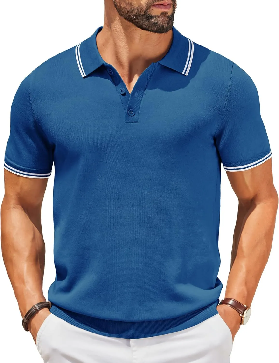 COOFANDY Men's Knit Polo Shirts Short Sleeve Casual Button Golf Polo Shirts Collared T Shirt