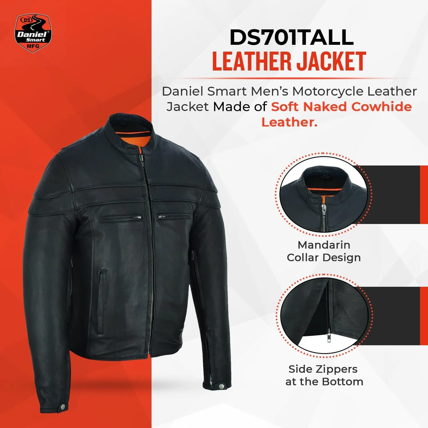 Daniel Smart mens leather motorcycle jacket Sporty leather mens jacket with Stripe detailing and concealment Armory Pockets
