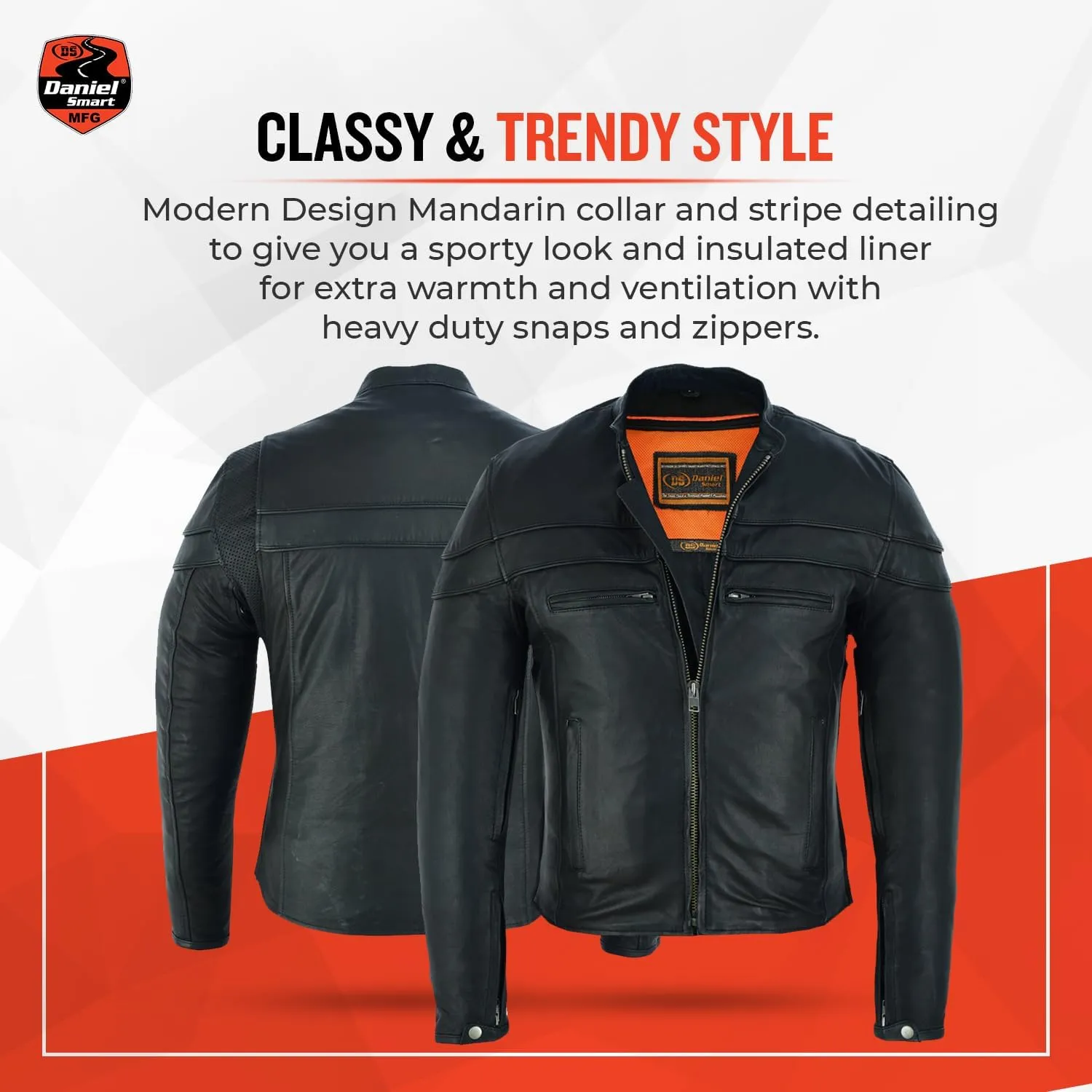 Daniel Smart mens leather motorcycle jacket Sporty leather mens jacket with Stripe detailing and concealment Armory Pockets