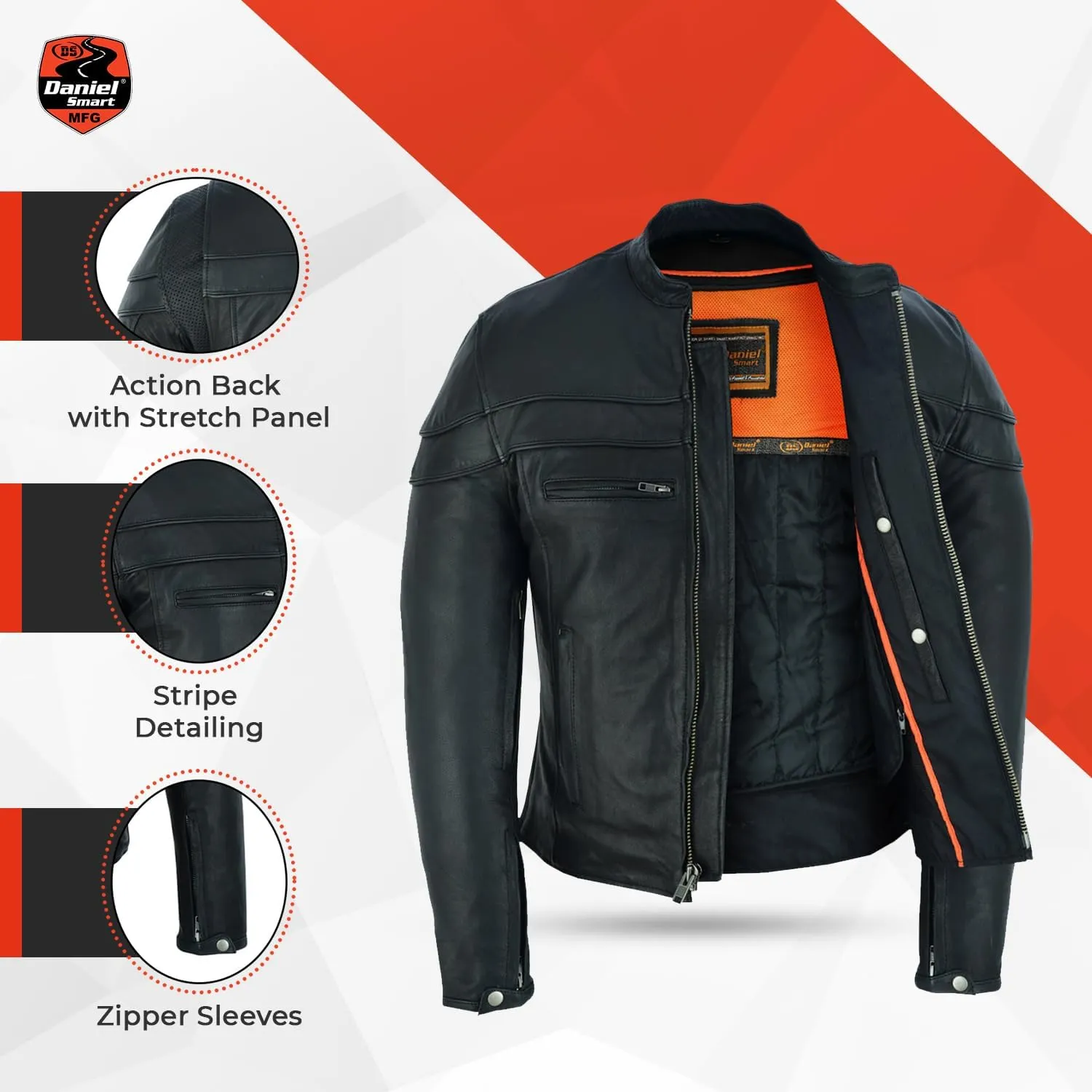 Daniel Smart mens leather motorcycle jacket Sporty leather mens jacket with Stripe detailing and concealment Armory Pockets