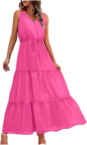 DOLKFU Womens Summer Dresses V Neck Trendy Flower Graphic Print Sundress Sleeveless Flowy Elegant Tiered Long Dresses