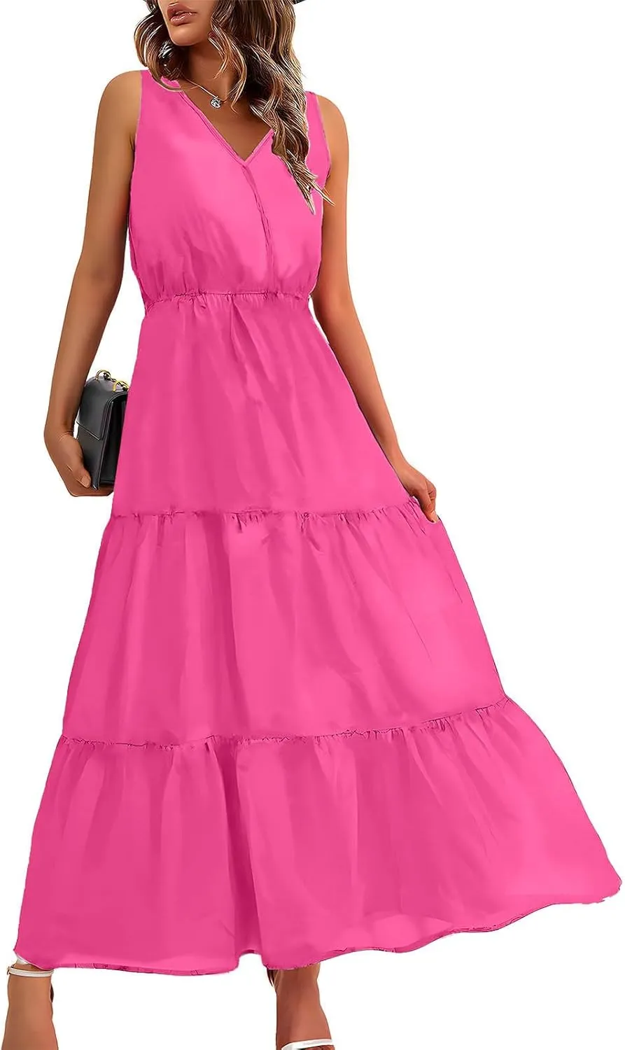DOLKFU Womens Summer Dresses V Neck Trendy Flower Graphic Print Sundress Sleeveless Flowy Elegant Tiered Long Dresses