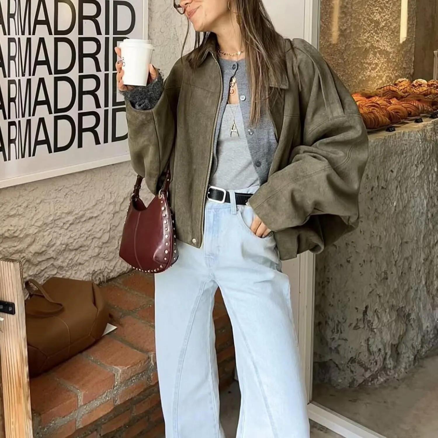 Faux Suede Jacket Women Oversized Long Sleeve Zip Up Epaulet Bomber Leather Jackets Oversized Casual Coat