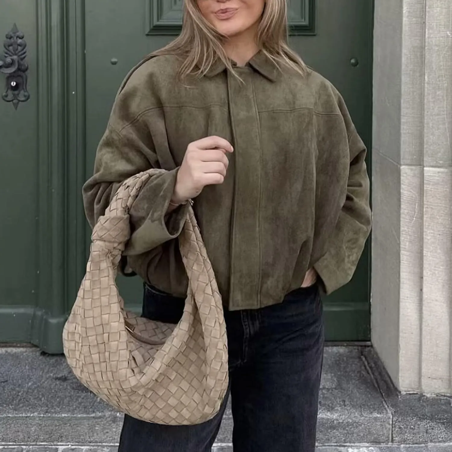 Faux Suede Jacket Women Oversized Long Sleeve Zip Up Epaulet Bomber Leather Jackets Oversized Casual Coat