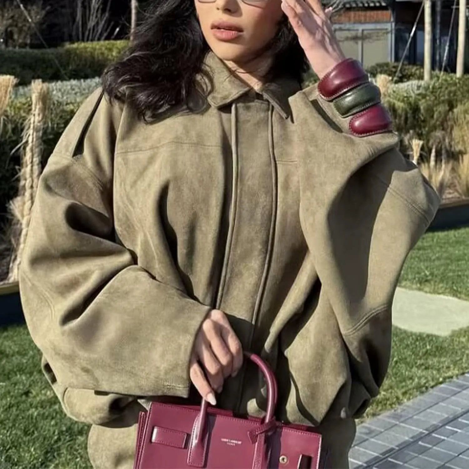 Faux Suede Jacket Women Oversized Long Sleeve Zip Up Epaulet Bomber Leather Jackets Oversized Casual Coat