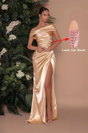 GUKARLEED Women's Off The Shoulder Satin Prom Dresses Mermaid Bridesmaid Dresses Corset Formal Dress Evening Gowns with Slit