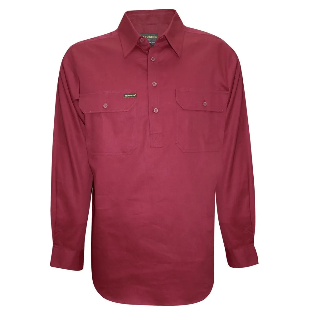 Hard Slog Mens Half Placket L/S Shirt - Burgundy