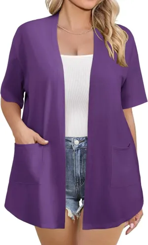 IN'VOLAND Women Plus Size Lightweight Cardigan Short Sleeve Open Front Casual Summer Kimonos Cardigans with Pockets