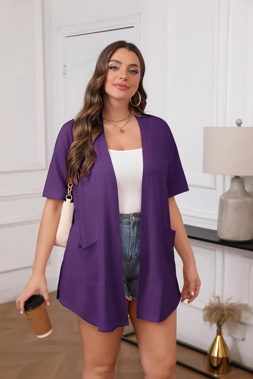 IN'VOLAND Women Plus Size Lightweight Cardigan Short Sleeve Open Front Casual Summer Kimonos Cardigans with Pockets
