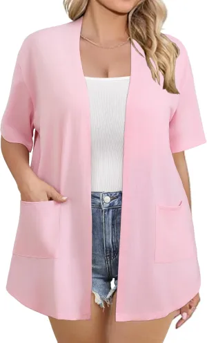 IN'VOLAND Women Plus Size Lightweight Cardigan Short Sleeve Open Front Casual Summer Kimonos Cardigans with Pockets