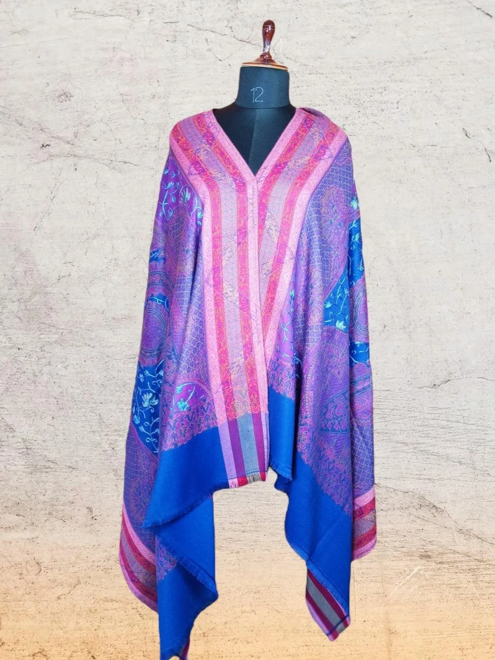 Kashmiri Wool Work Shawl | Blue Colour | Handwork