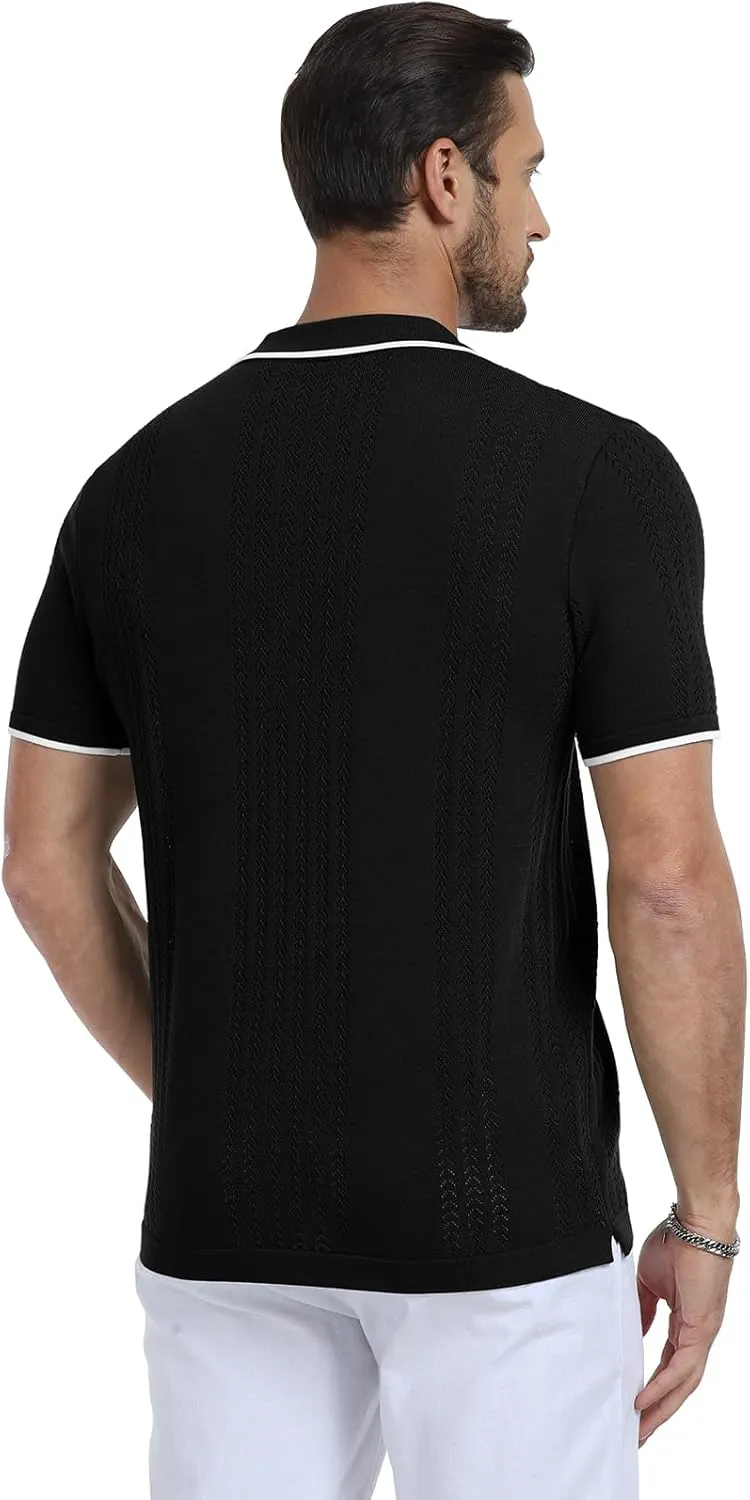 KUYIGO Men's Knit Polo Shirts Short Sleeve Button Collared Shirt Hollow Out Fashion Casual Spring Tops