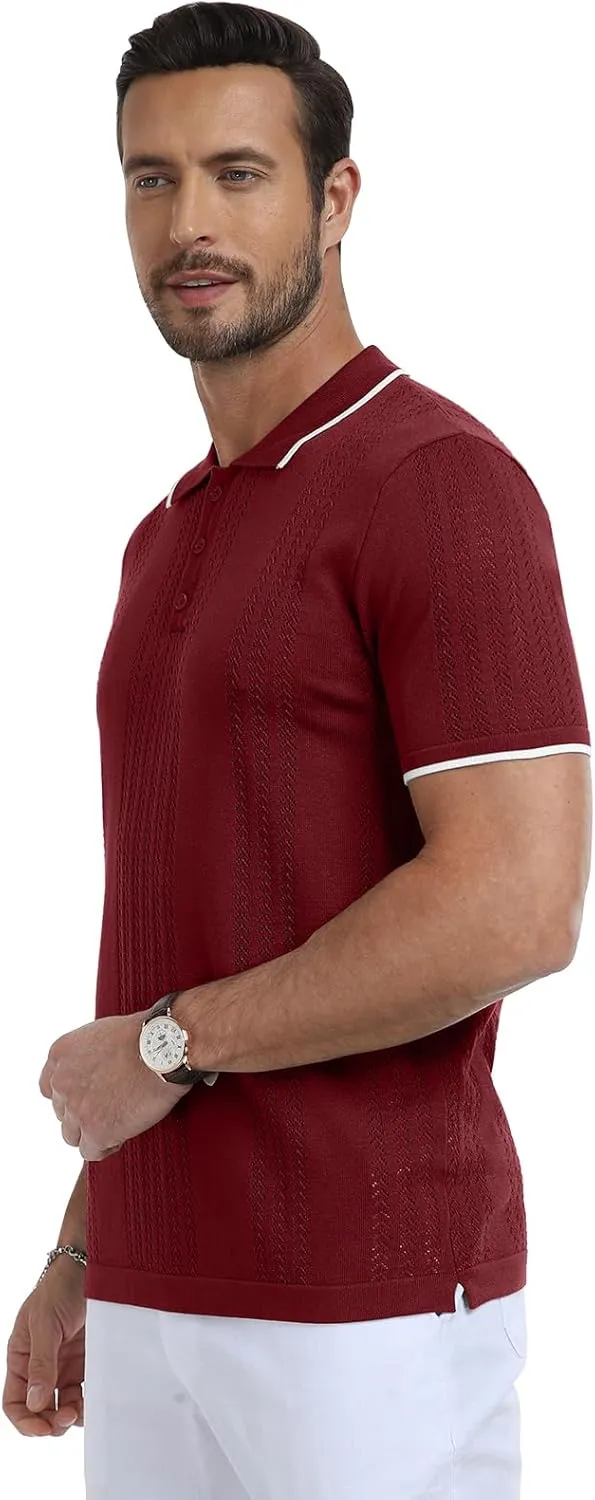 KUYIGO Men's Knit Polo Shirts Short Sleeve Button Collared Shirt Hollow Out Fashion Casual Spring Tops