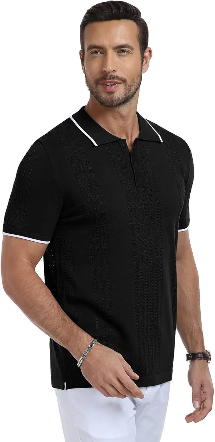 KUYIGO Men's Knit Polo Shirts Short Sleeve Button Collared Shirt Hollow Out Fashion Casual Spring Tops