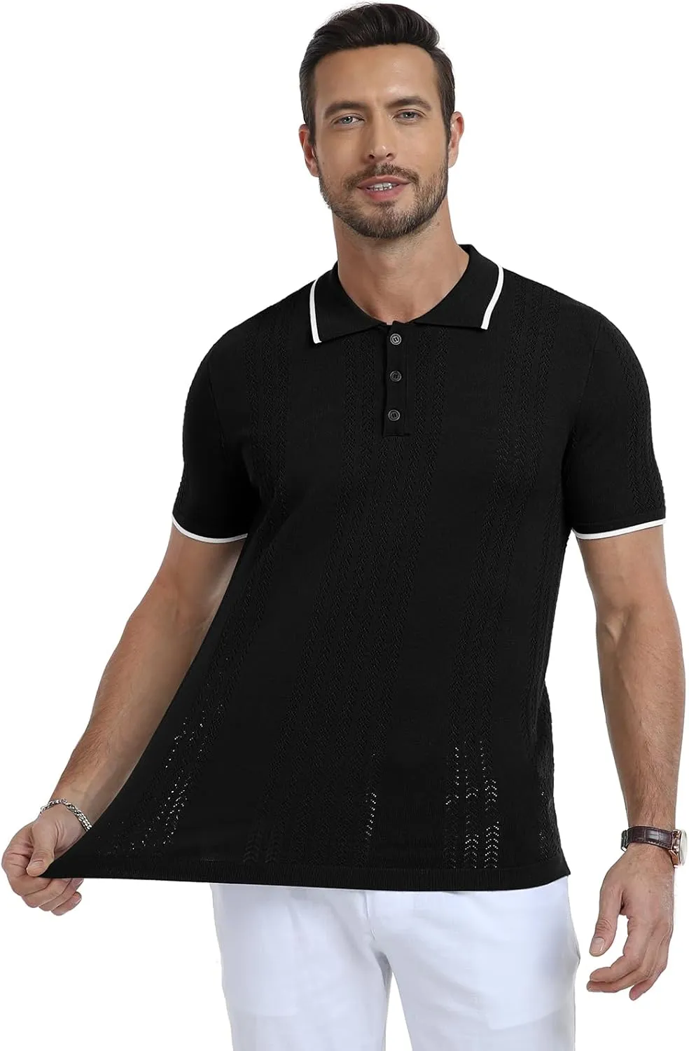 KUYIGO Men's Knit Polo Shirts Short Sleeve Button Collared Shirt Hollow Out Fashion Casual Spring Tops