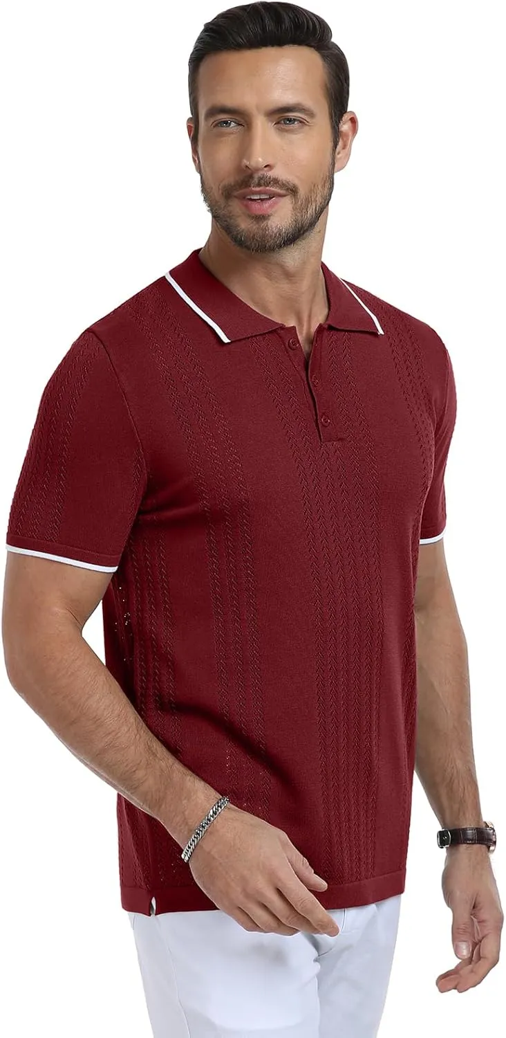 KUYIGO Men's Knit Polo Shirts Short Sleeve Button Collared Shirt Hollow Out Fashion Casual Spring Tops