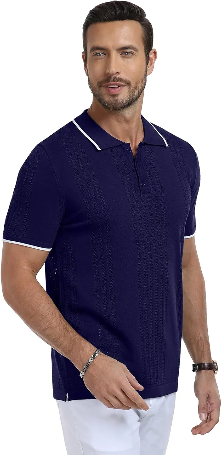 KUYIGO Men's Knit Polo Shirts Short Sleeve Button Collared Shirt Hollow Out Fashion Casual Spring Tops