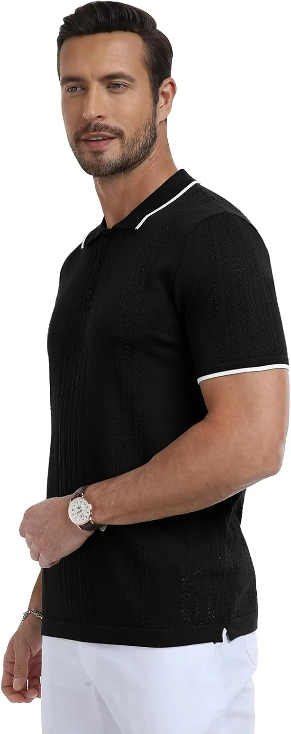 KUYIGO Men's Knit Polo Shirts Short Sleeve Button Collared Shirt Hollow Out Fashion Casual Spring Tops