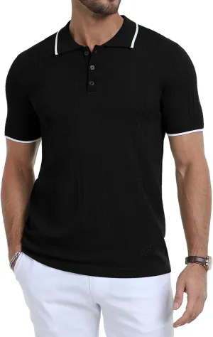 KUYIGO Men's Knit Polo Shirts Short Sleeve Button Collared Shirt Hollow Out Fashion Casual Spring Tops